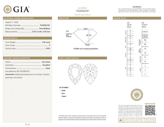 1.00 Carat Pear Brilliant Diamond – GIA Certified, F Color, VVS2 Clarity, Excellent Symmetry