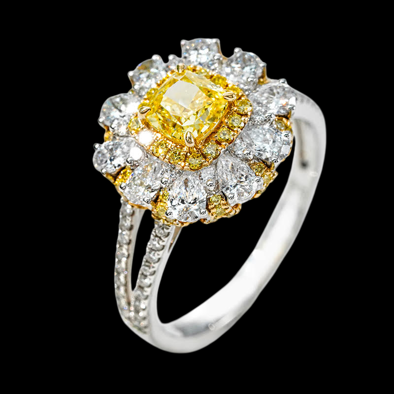 18K Two-Tone Yellow & White Lab Diamond Halo Ring – 0.74 ct Fancy Yellow Center