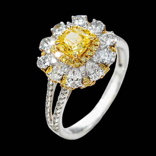 18K Two-Tone Yellow & White Lab Diamond Halo Ring – 0.74 ct Fancy Yellow Center