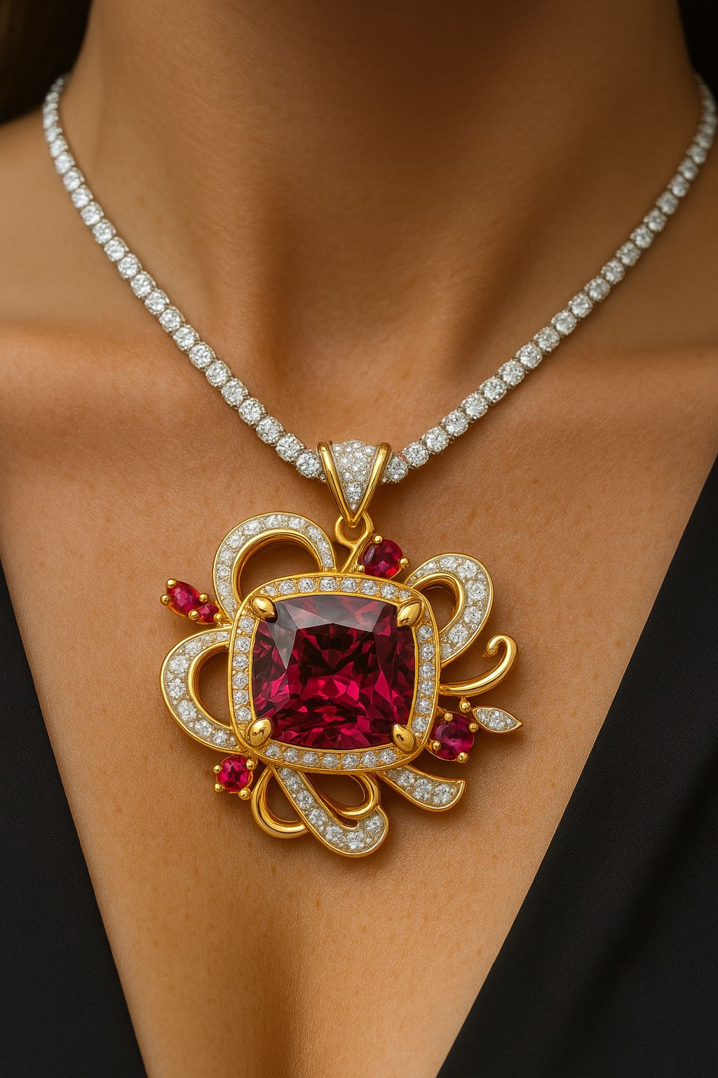 Scarlet Royale Pendant Necklace – 4.55 ct Tanzanian Rhodolite, 18K Gold & ~3.8 ct Diamonds