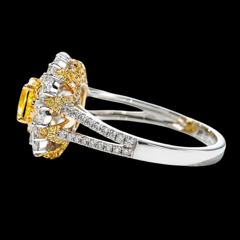18K Two-Tone Yellow & White Lab Diamond Halo Ring – 0.74 ct Fancy Yellow Center
