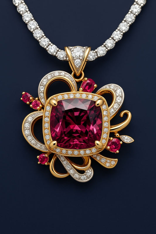 Scarlet Royale Pendant Necklace – 4.55 ct Tanzanian Rhodolite, 18K Gold & ~3.8 ct Diamonds