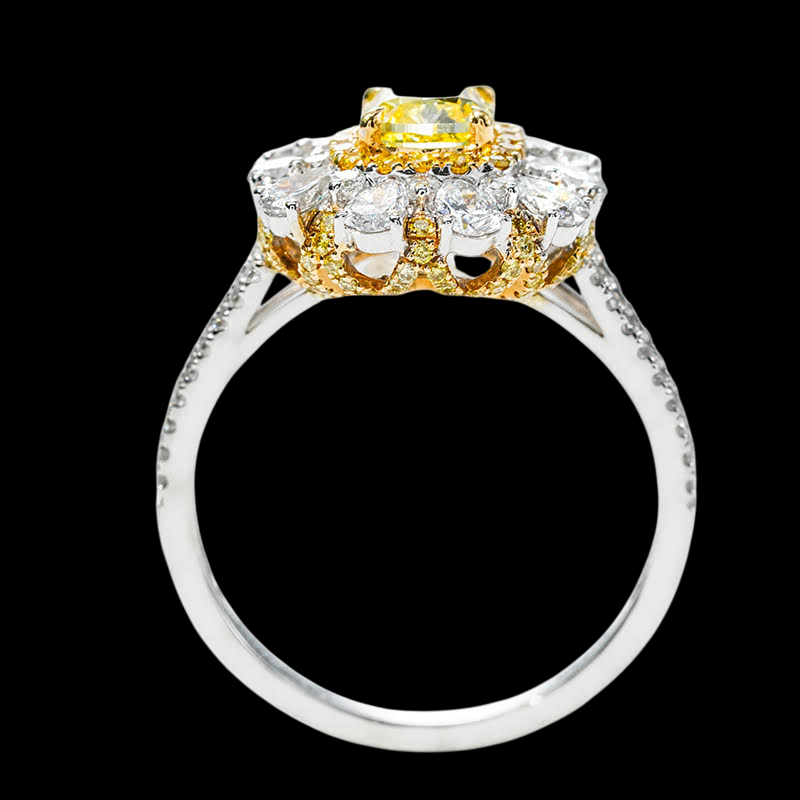18K Two-Tone Yellow & White Lab Diamond Halo Ring – 0.74 ct Fancy Yellow Center