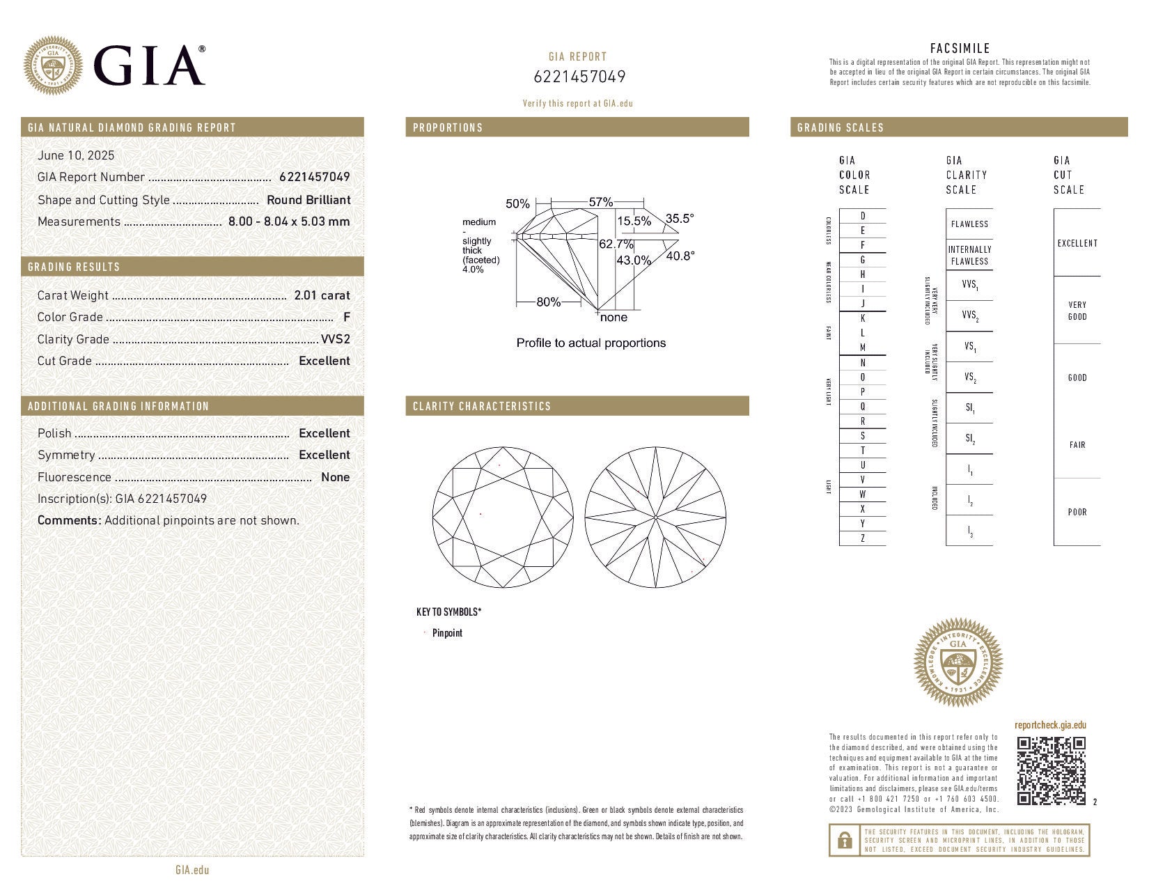 GIA diamond report with detailed measurements and characteristics of a round brilliant cut diamond.