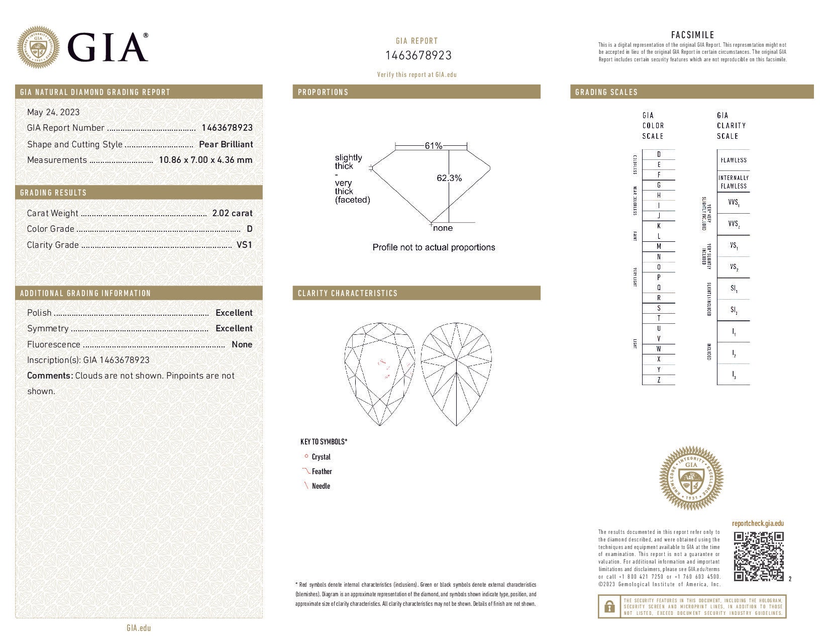 GIA diamond report with detailed information on a pear-shaped diamond.