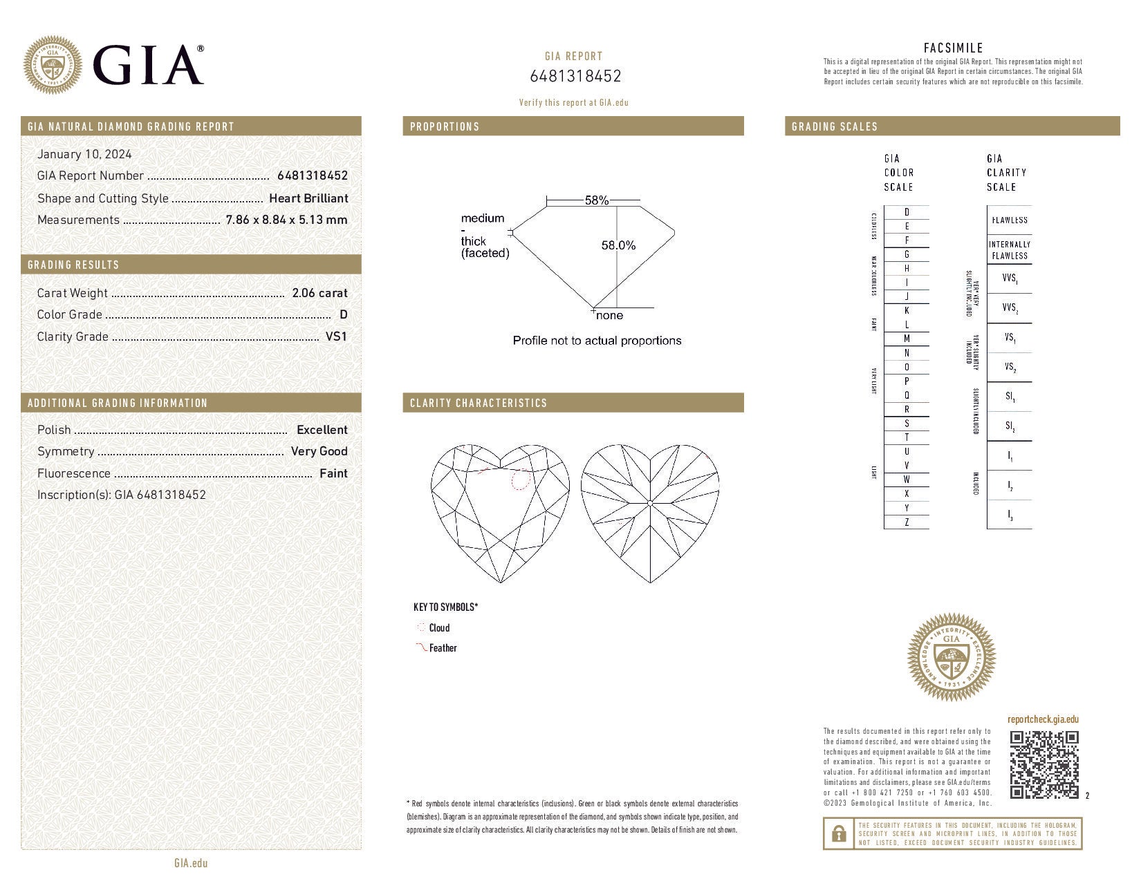 GIA diamond certification report with heart-shaped diamond details