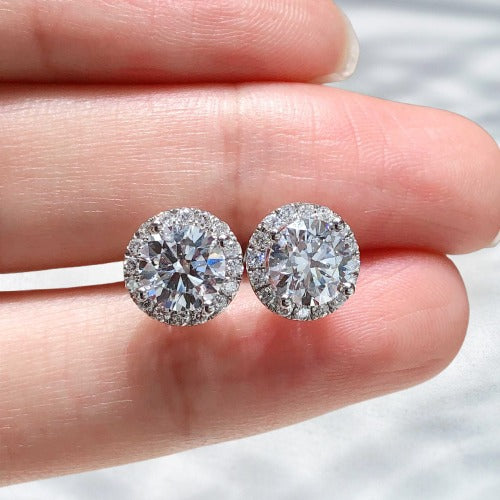 Frosted Royals – 18K White Gold Natural Diamond Halo Stud Earrings (2.35 ct)