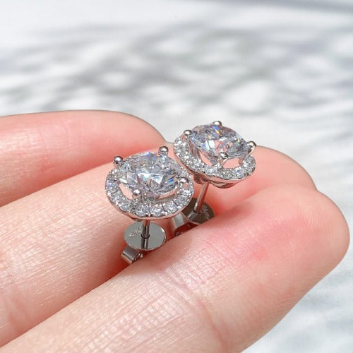 Frosted Royals – 18K White Gold Natural Diamond Halo Stud Earrings (2.35 ct)