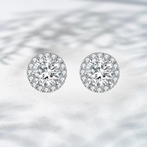Frosted Royals – 18K White Gold Natural Diamond Halo Stud Earrings (2.35 ct)