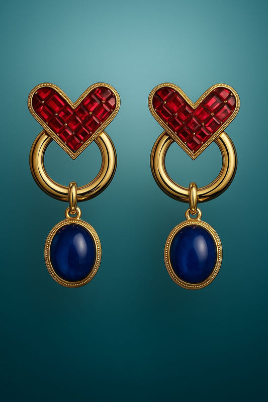 Royal Heart & Soul Earrings – 18K Gold with Burma Spinel & Sapphire | QOB Jewelry