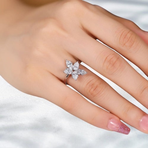 Frostbite Bloom – PT950 Platinum Lab-Grown Diamond Floral Cluster Ring (3.97 ct Marquise & Pear Cuts)