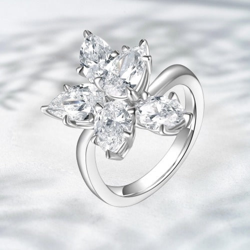 Frostbite Bloom – PT950 Platinum Lab-Grown Diamond Floral Cluster Ring (3.97 ct Marquise & Pear Cuts)