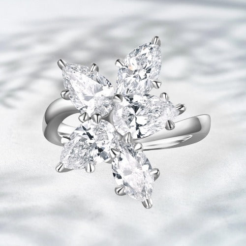 Frostbite Bloom – PT950 Platinum Lab-Grown Diamond Floral Cluster Ring (3.97 ct Marquise & Pear Cuts)