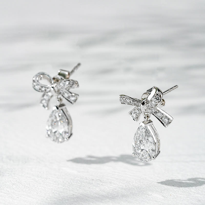 Ribbon Drop – 18K White Gold Lab Diamond Bow Earrings