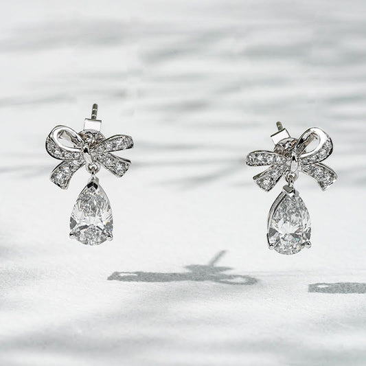 Ribbon Drop – 18K White Gold Lab Diamond Bow Earrings