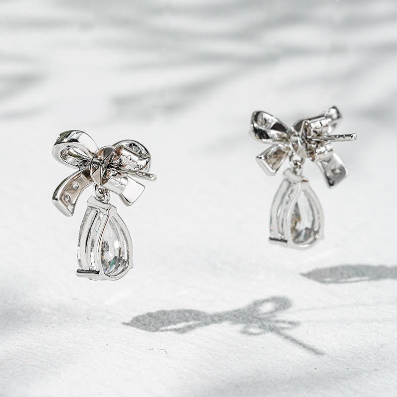 Ribbon Drop – 18K White Gold Lab Diamond Bow Earrings