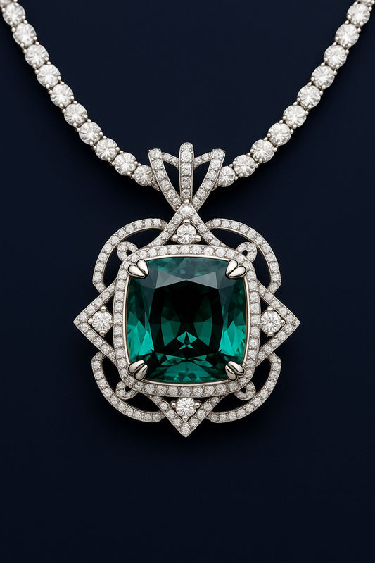 Luxury emerald pendant necklace on a dark background