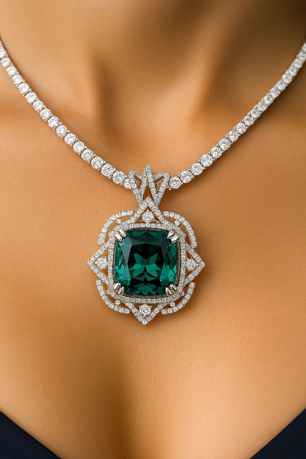 Celestial Lagoon Necklace – 7.23 ct Tourmaline & ~13.2 ct Lab Diamonds in 18K White Gold