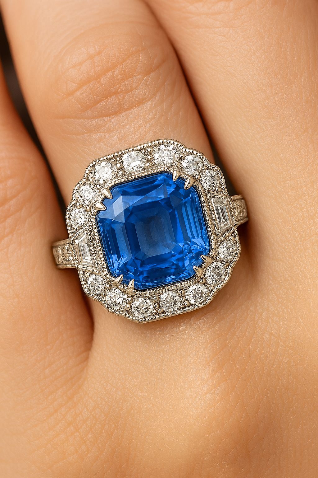 4.69 Carat Unheated Sri Lankan Sapphire Ring in Platinum with Natural Diamond Halo