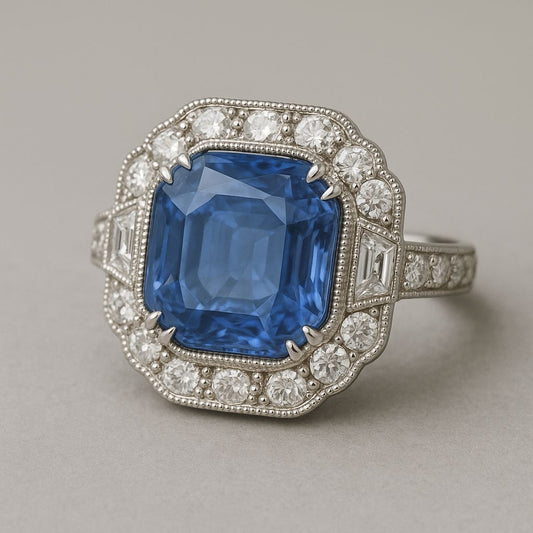 4.69 Carat Unheated Sri Lankan Sapphire Ring in Platinum with Natural Diamond Halo