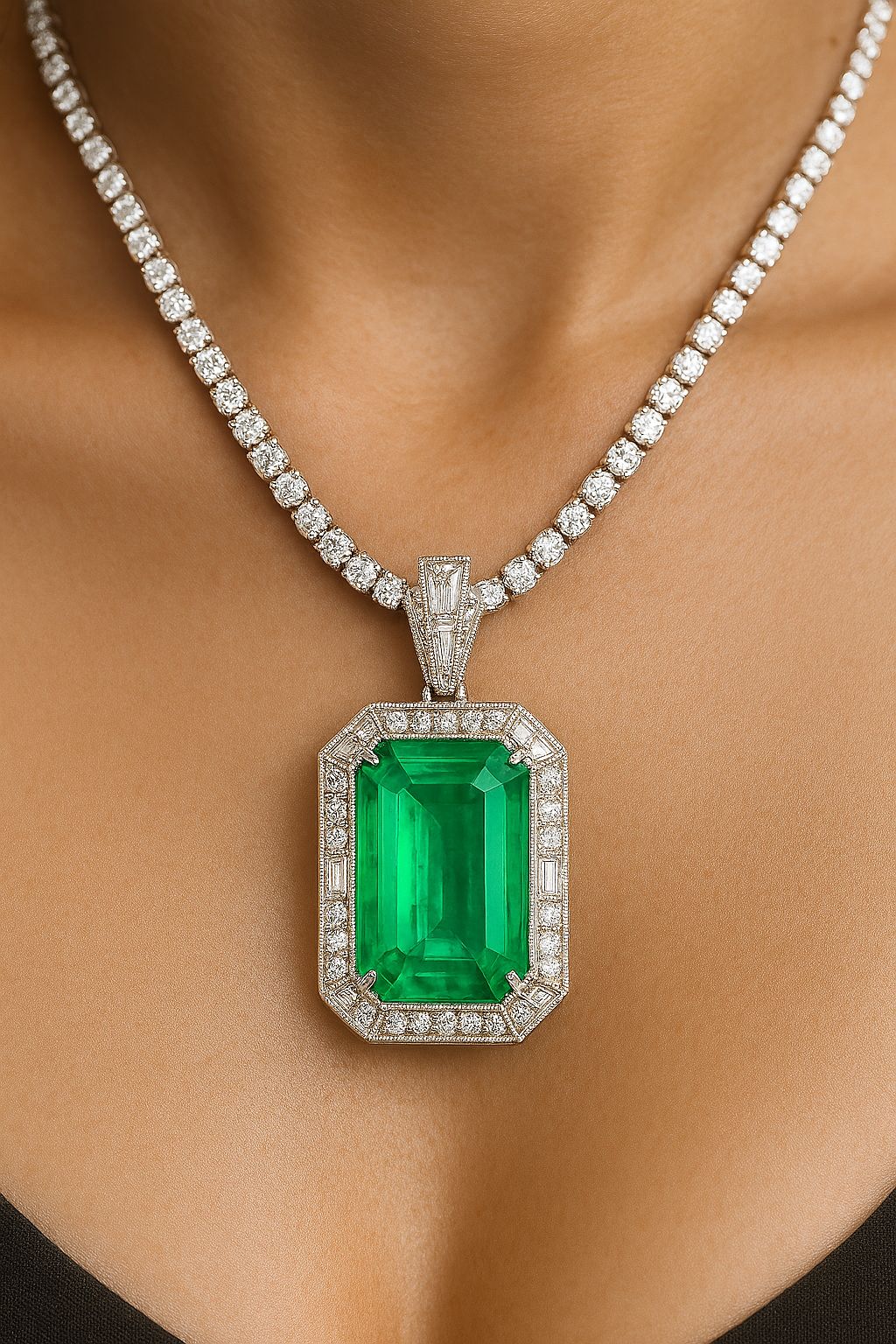 29.18 Carat No Oil Afghan Emerald Pendant with Natural Diamonds in 18K White Gold