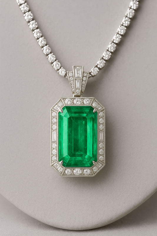 29.18 Carat No Oil Afghan Emerald Pendant with Natural Diamonds in 18K White Gold