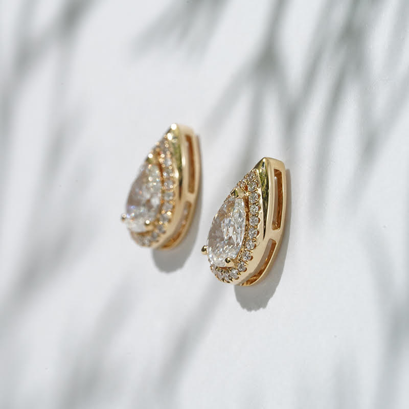 Solstice Dewdrop – 18K Yellow Gold Lab Diamond Halo Earrings