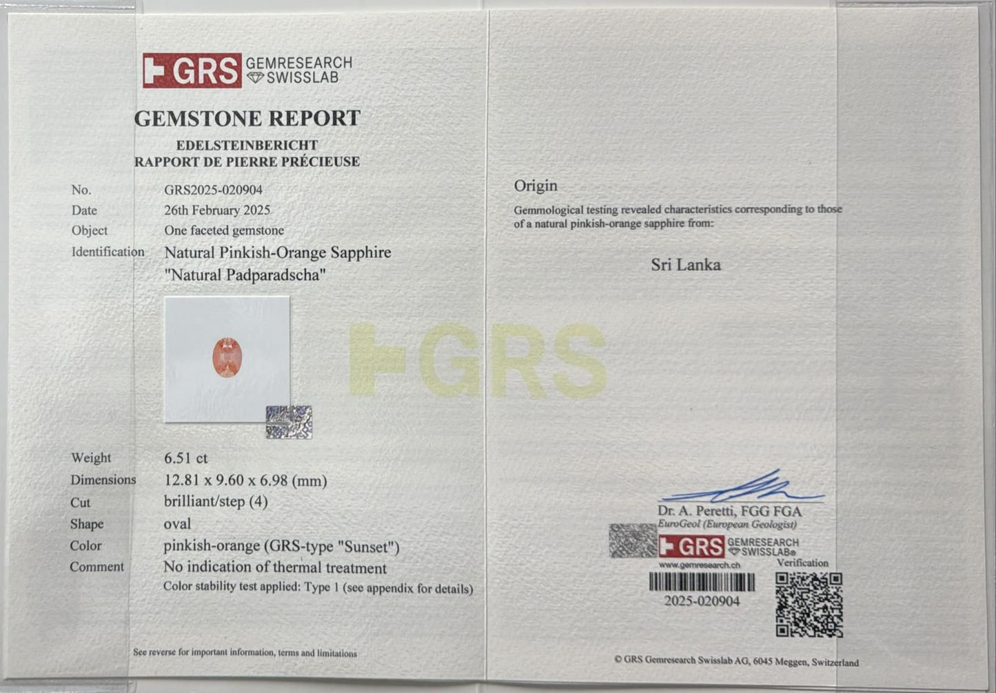 6.51 ct Natural Unheated Padparadscha Sapphire (GRS Certified, Sri Lanka) – “Sunset Type” Pinkish-Orange Oval