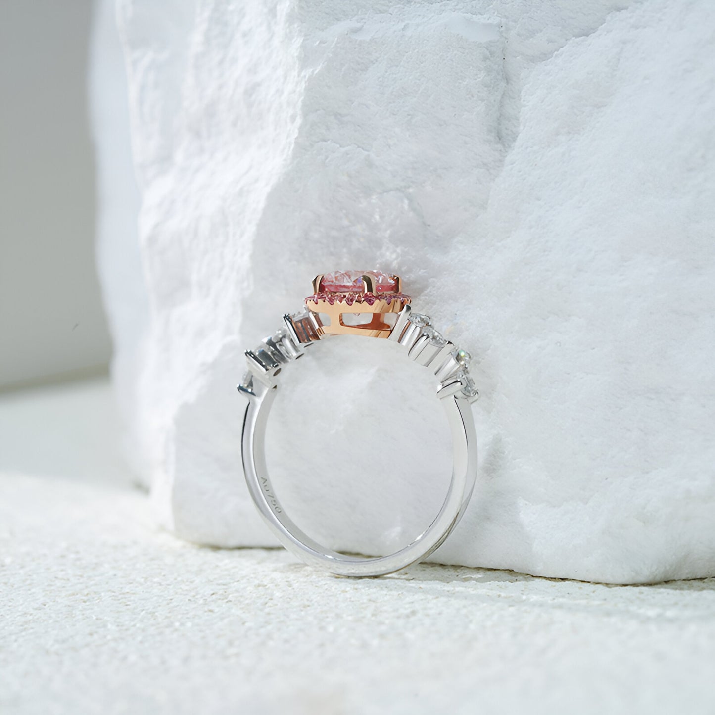 QOB “Rosé Halo” Lab Pink Diamond Ring 1.126ct in Solid 18K White Gold with Rose Gold Halo