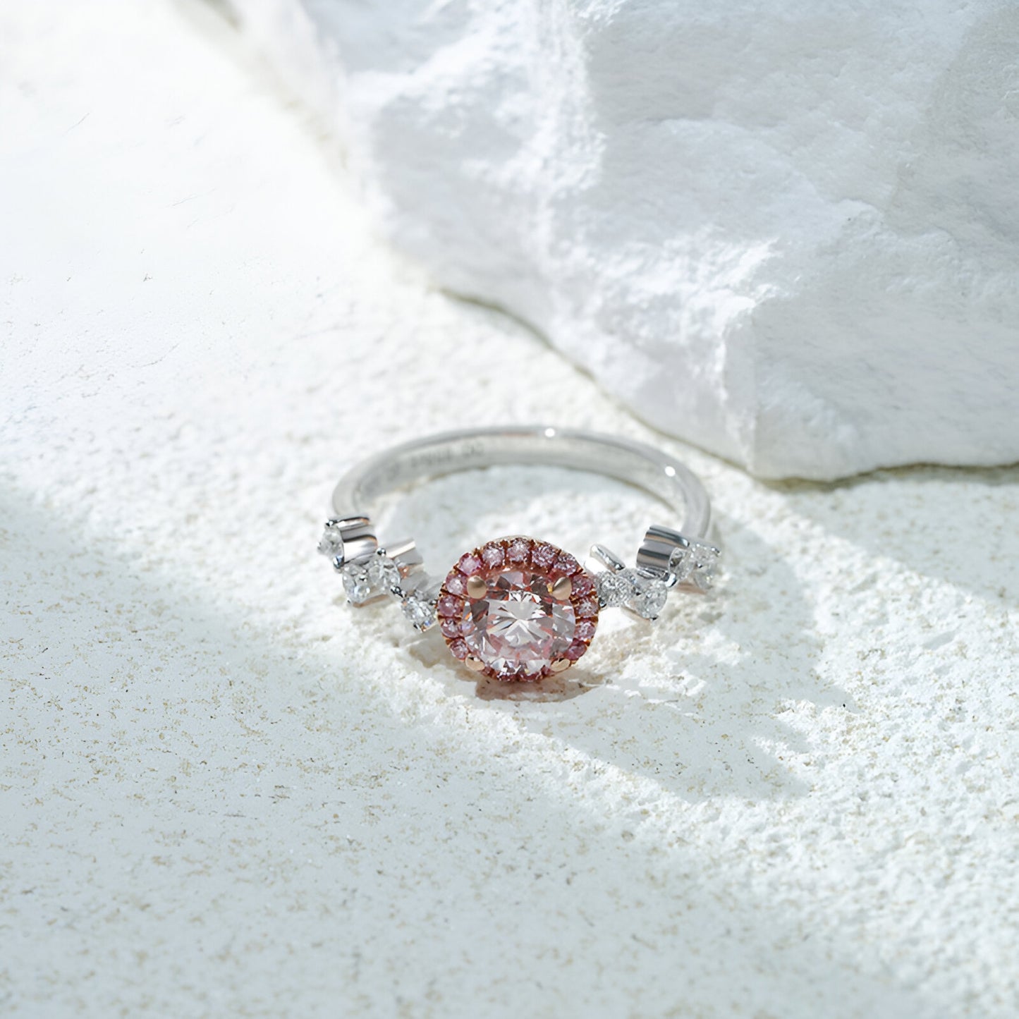 QOB “Rosé Halo” Lab Pink Diamond Ring 1.126ct in Solid 18K White Gold with Rose Gold Halo