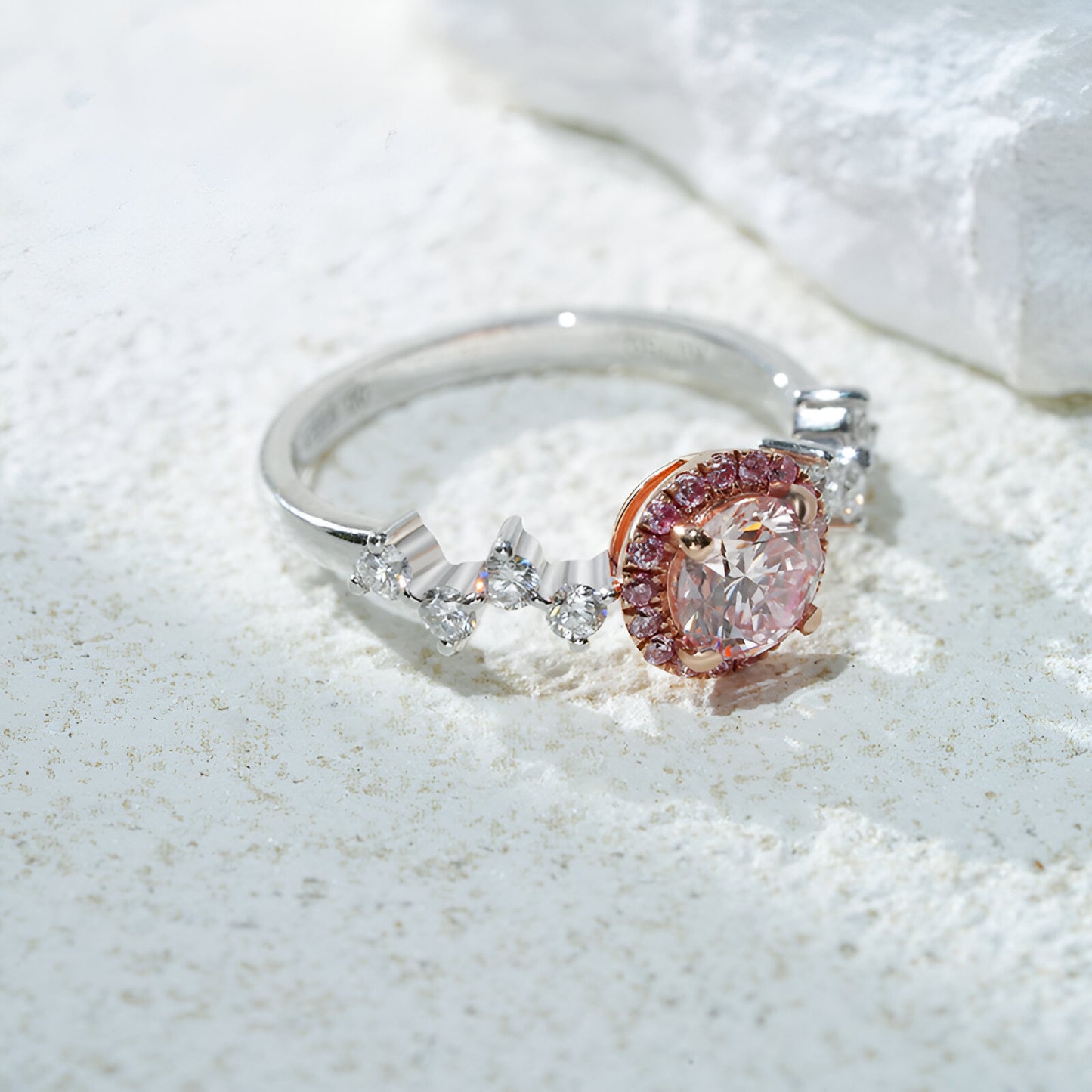 QOB “Rosé Halo” Lab Pink Diamond Ring 1.126ct in Solid 18K White Gold with Rose Gold Halo