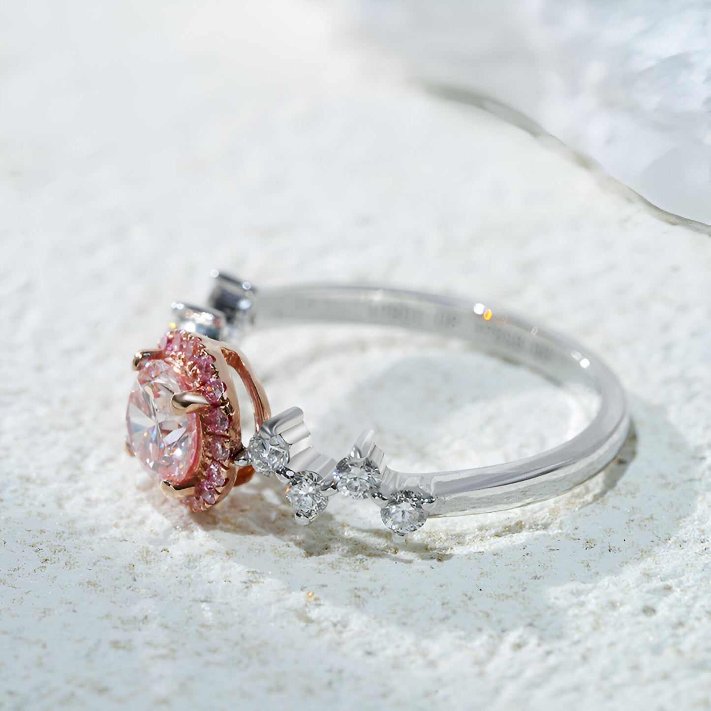 QOB “Rosé Halo” Lab Pink Diamond Ring 1.126ct in Solid 18K White Gold with Rose Gold Halo