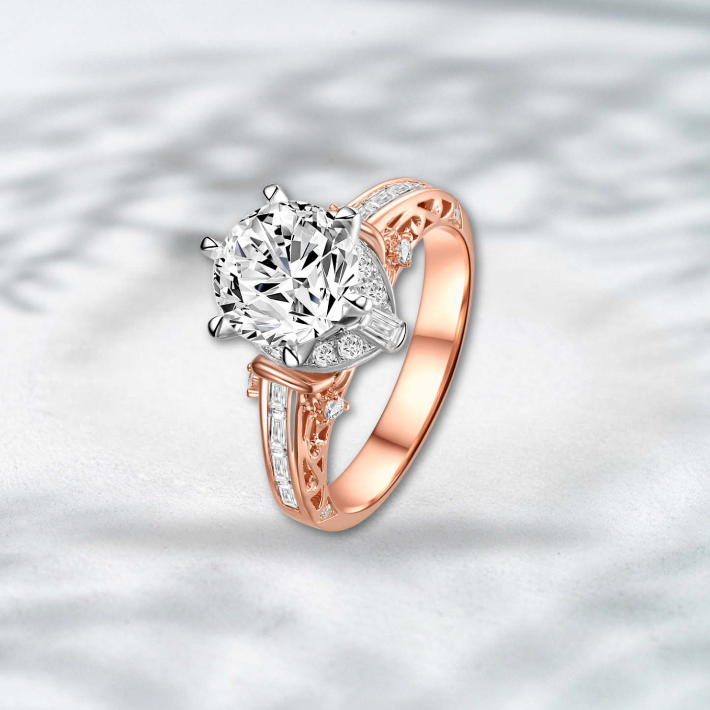 QOB Imperial Grace – 4.20 ct Lab Diamond Ring in 18K Rose & White Gold with Baguette Accent