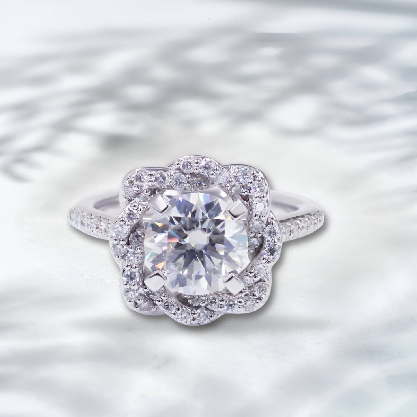 QOB Fleur de Gloire Lab Diamond Ring | Approx. 2.5–2.6 ct in 18K White Gold Floral Halo Engagement Ring