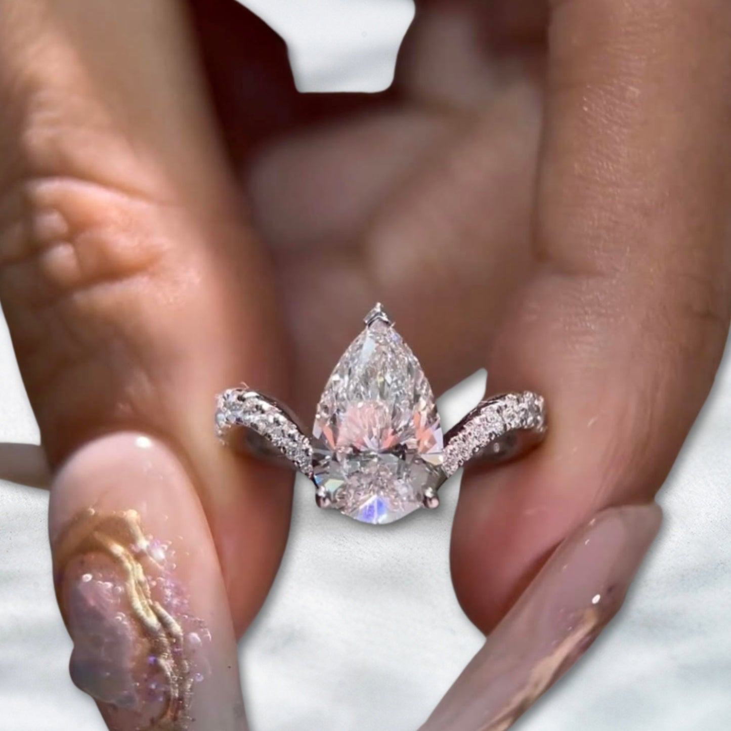 QOB Firefall Crown – 5ct Pear Lab Diamond Ring in Platinum PT950