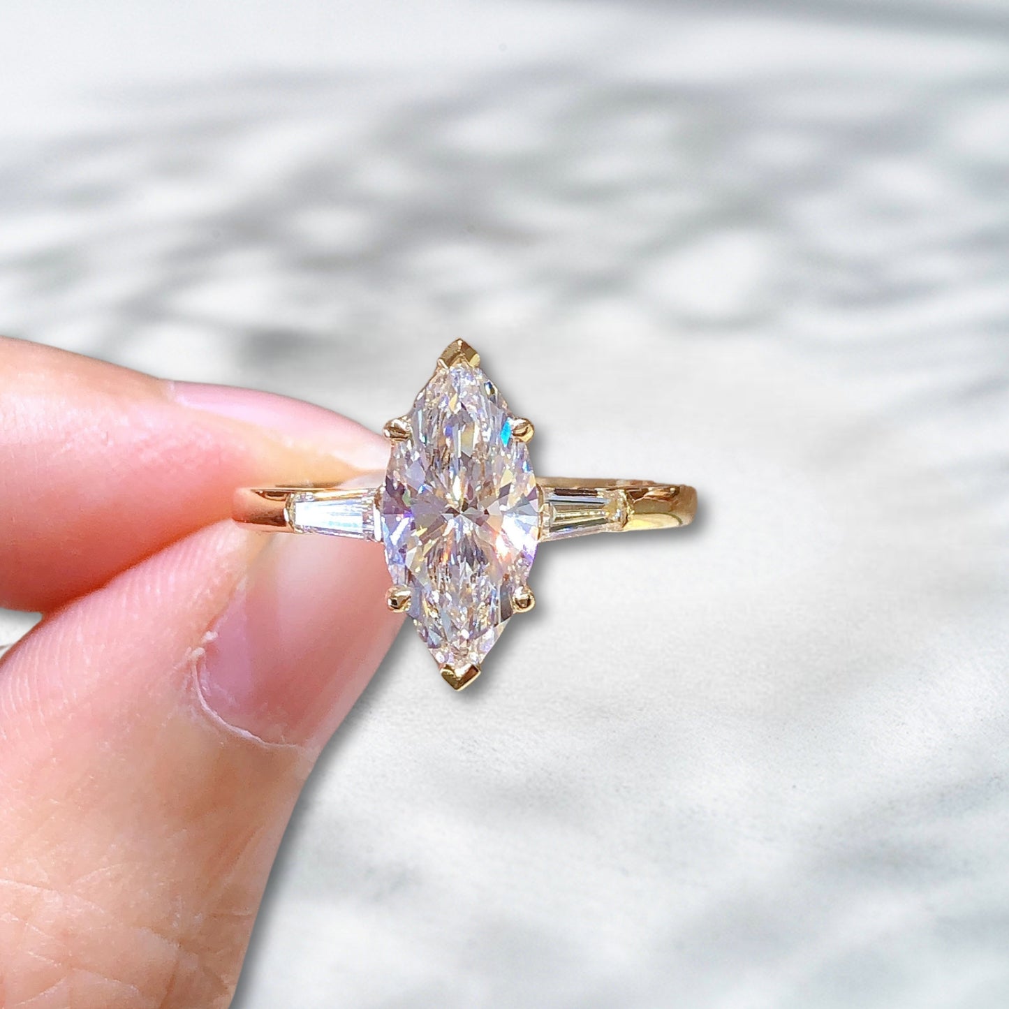 QOB Trinity Gaze – 1.52ct Marquise-Cut Lab Diamond Ring in 18K Yellow Gold