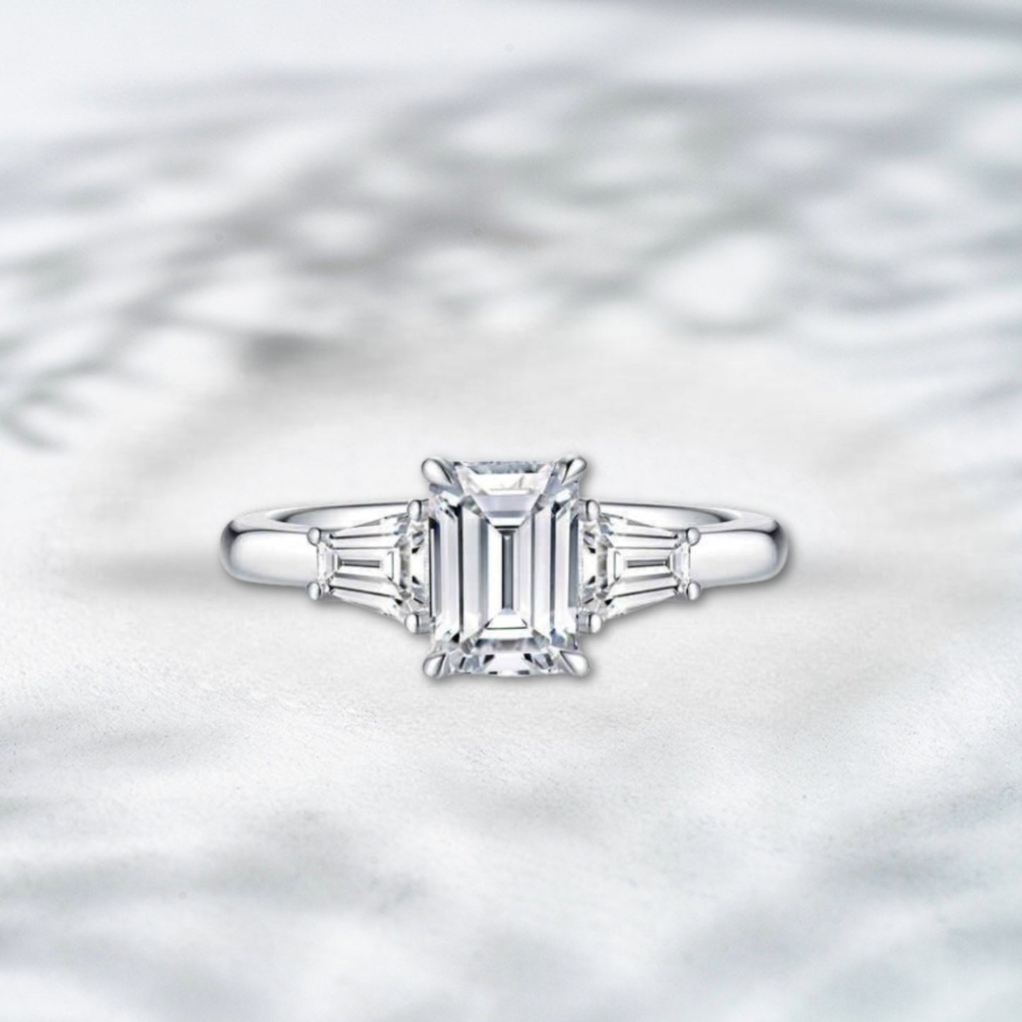 QOB Radiant Echo – 3ct Emerald Cut Three-Stone Lab Diamond Ring in 18K White Gold