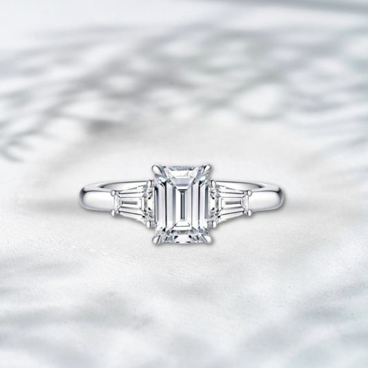 QOB Radiant Echo – 3ct Emerald Cut Three-Stone Lab Diamond Ring in 18K White Gold