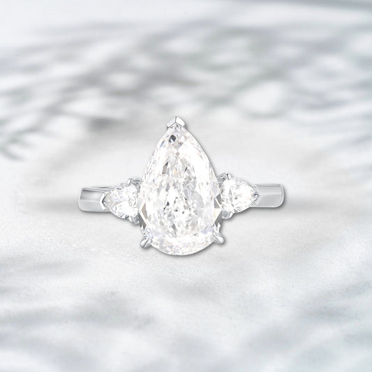 QOB Pear Brilliance 3.61ct Pear Cut Lab Diamond Three-Stone Ring in 18K White Gold
