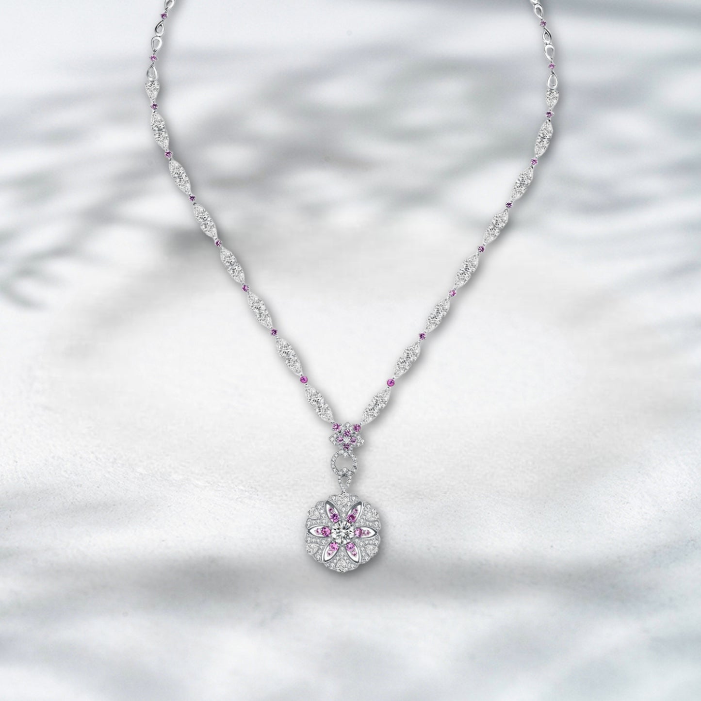 QOB Petal Constellation – Lab Diamond & Pink Sapphire Pendant Necklace 17.449ct in 18K White Gold
