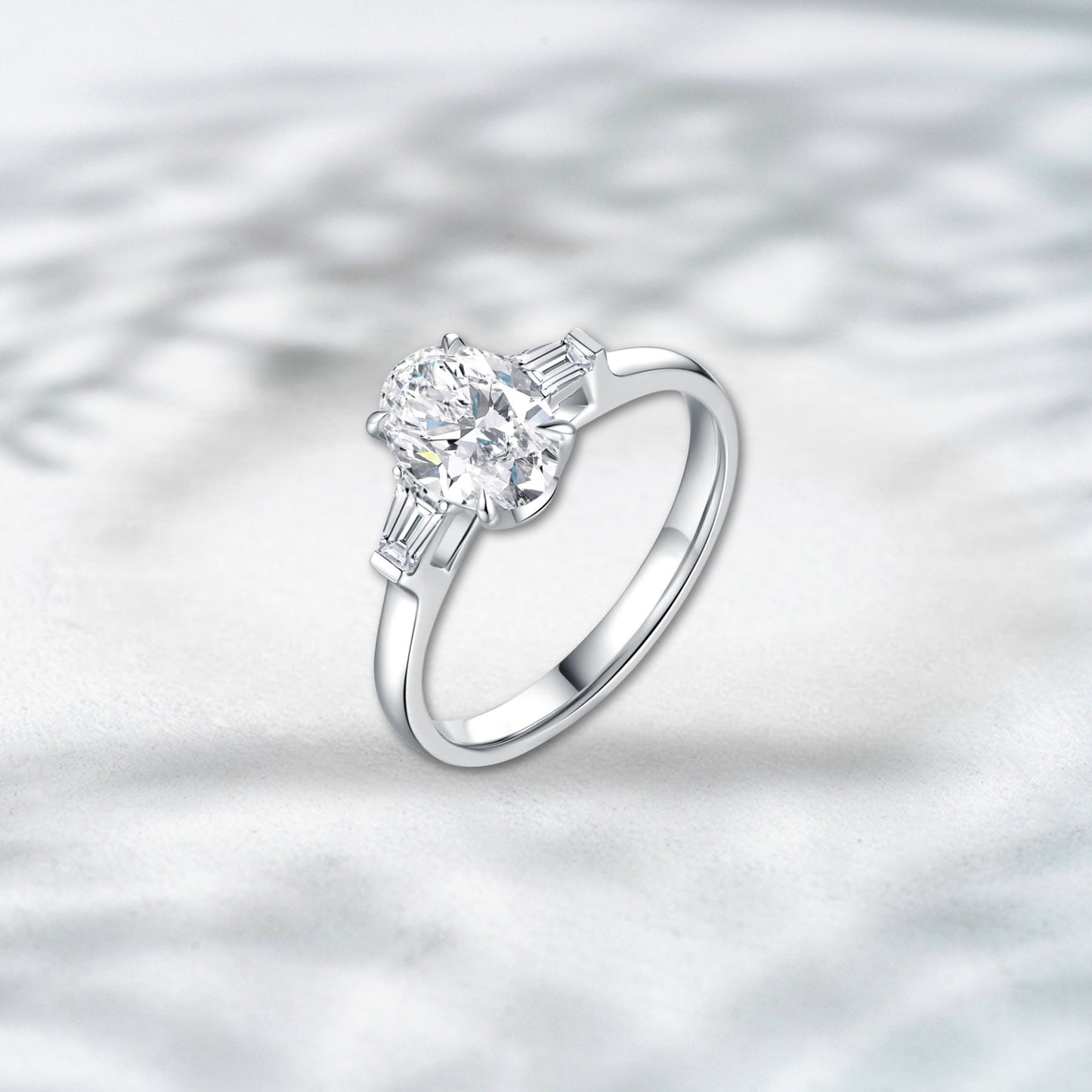 QOB Baguette Muse 3.02ct Oval Cut Lab Diamond Ring with Baguette Side Stones in 18K White Gold