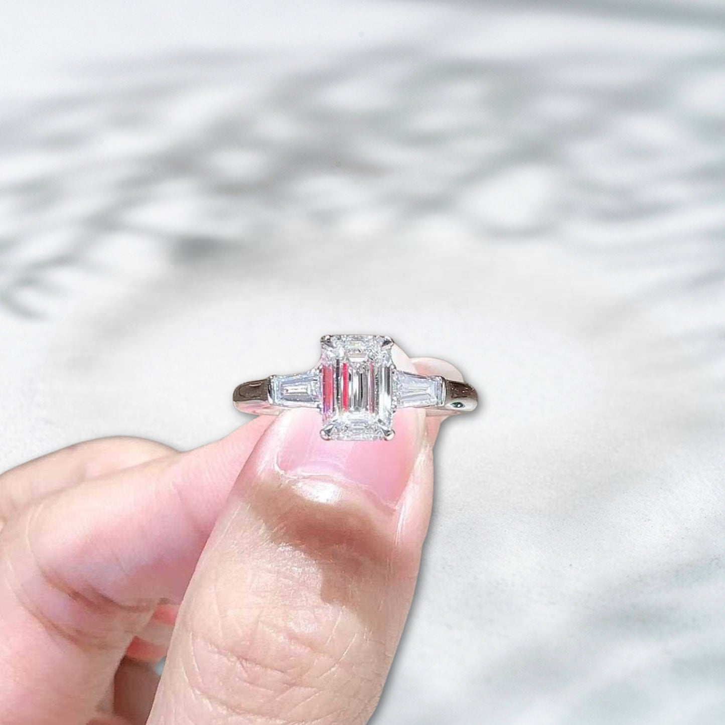 QOB Radiant Echo – 3ct Emerald Cut Three-Stone Lab Diamond Ring in 18K White Gold