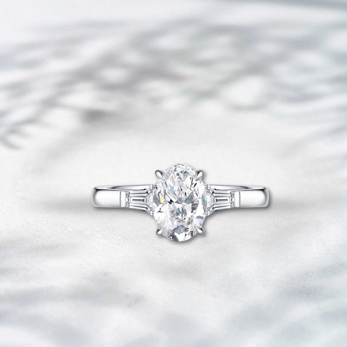 QOB Baguette Muse 3.02ct Oval Cut Lab Diamond Ring with Baguette Side Stones in 18K White Gold