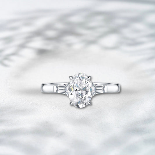 QOB Baguette Muse 3.02ct Oval Cut Lab Diamond Ring with Baguette Side Stones in 18K White Gold