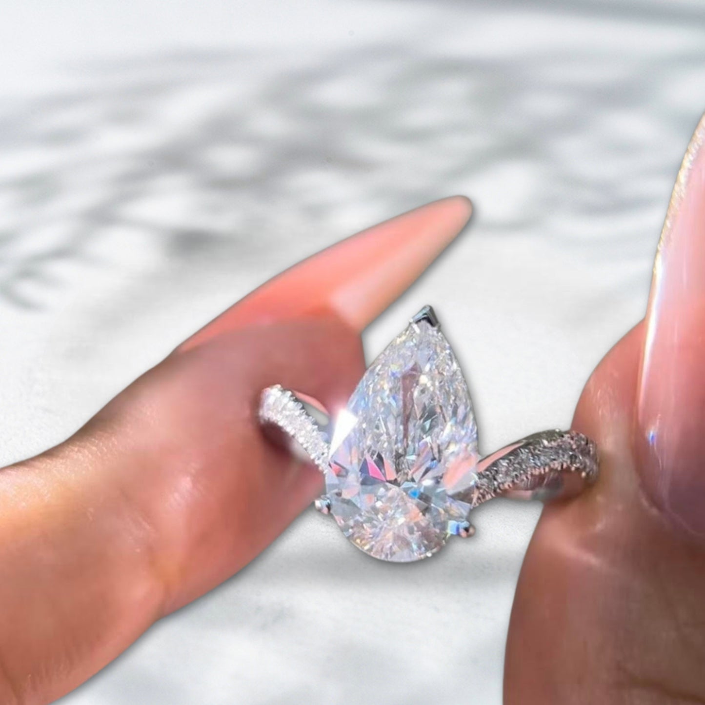 QOB Firefall Crown – 5ct Pear Lab Diamond Ring in Platinum PT950