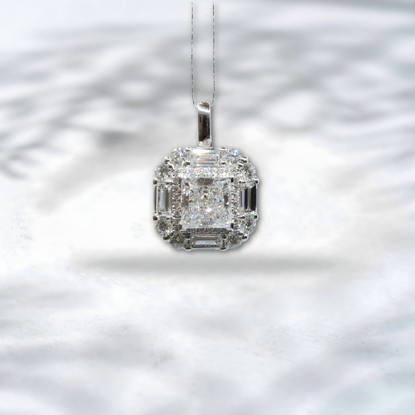 QOB Empire Light 2ct Princess-Cut Halo Lab Diamond Pendant | 18K White Gold
