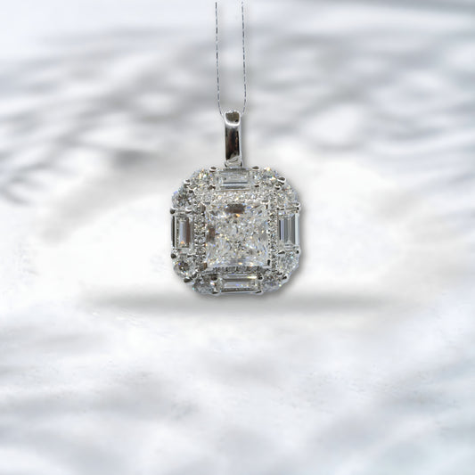 QOB Empire Light 2ct Princess-Cut Halo Lab Diamond Pendant | 18K White Gold