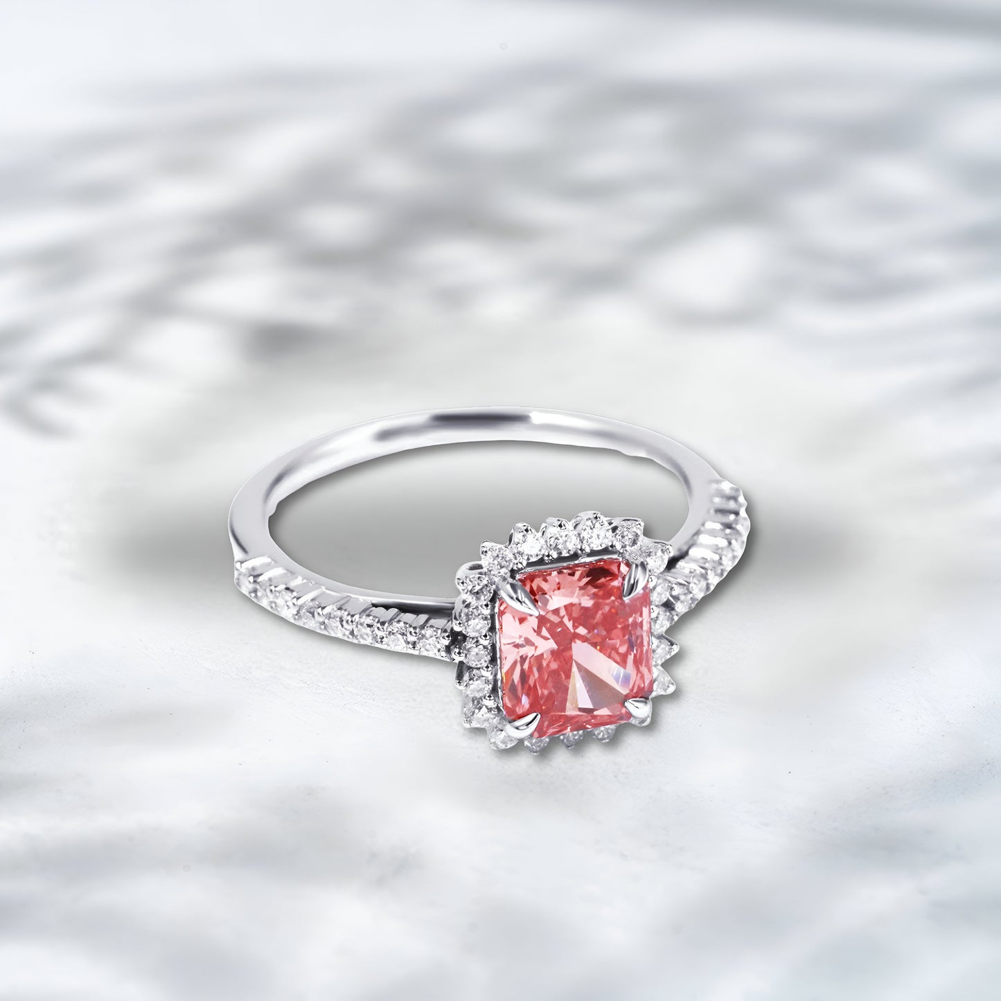 Pink Halo Dream Lab Diamond Ring - 1.9 ct Pink Lab Diamond in 18K White Gold | QOB Jewelry