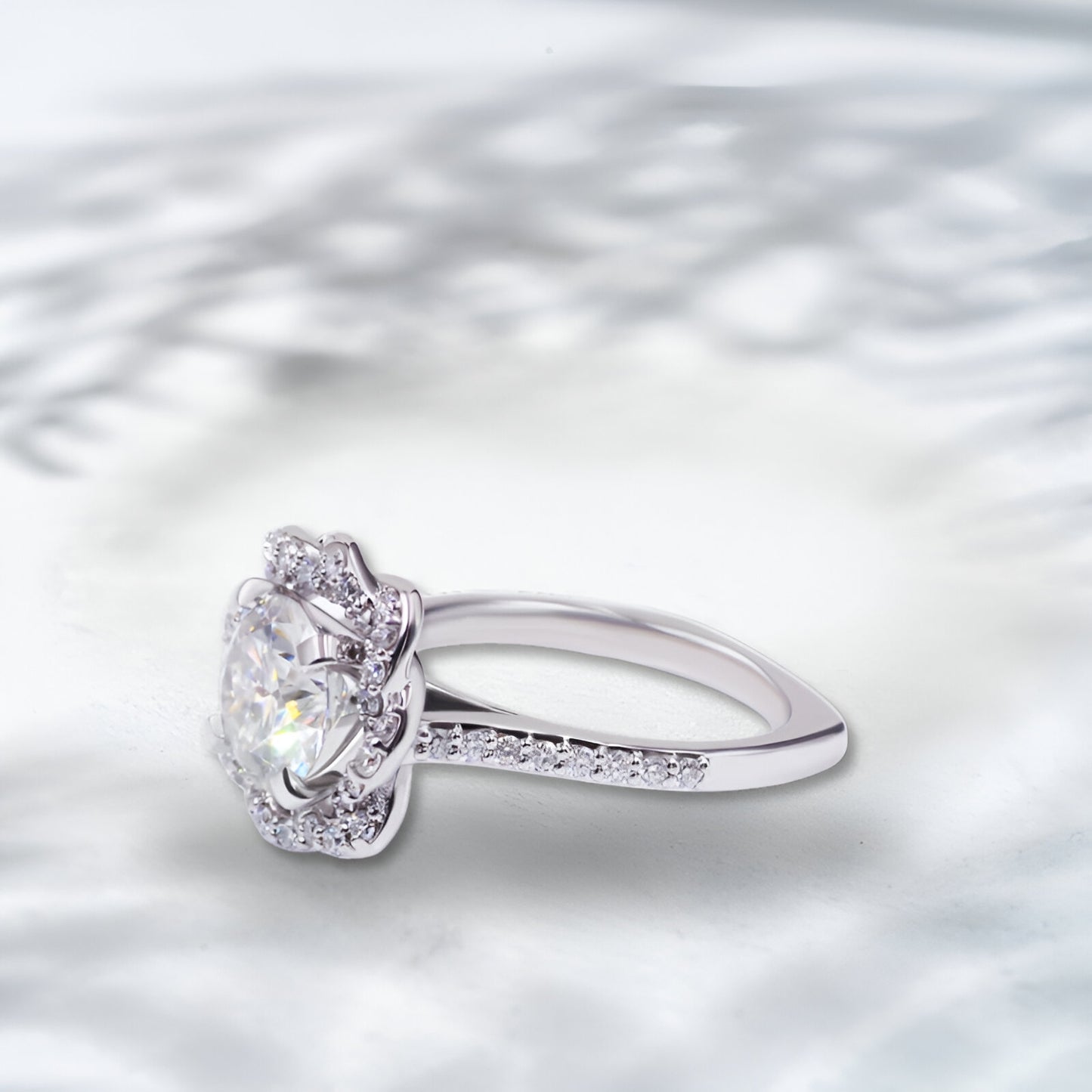 QOB Fleur de Gloire Lab Diamond Ring | Approx. 2.5–2.6 ct in 18K White Gold Floral Halo Engagement Ring