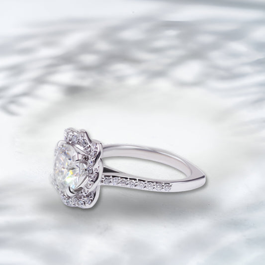 QOB Fleur de Gloire Lab Diamond Ring | Approx. 2.5–2.6 ct in 18K White Gold Floral Halo Engagement Ring